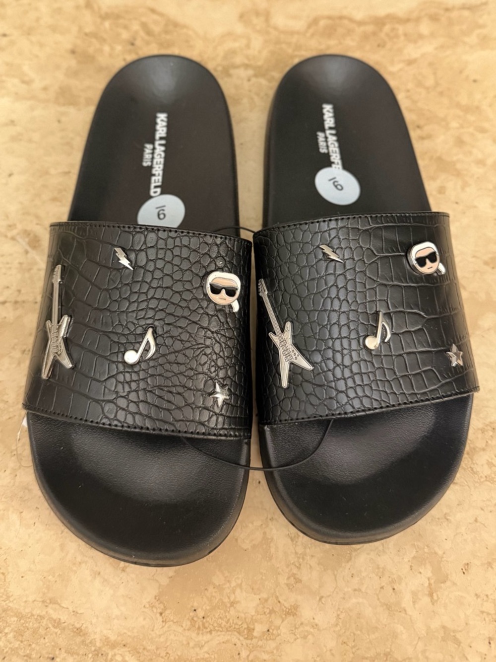 Karl Lagerfeld Black Croc-Embossed Slide Sandals with Silver Charms Size 9